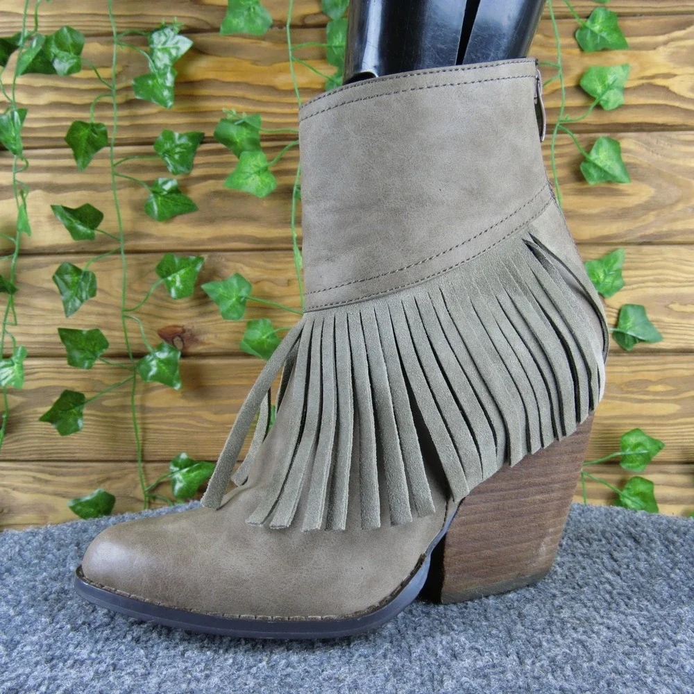 Very Volatile Women 7.5 Taupe Fringe Western Ankle Boot Block Heel Zip Synthetic